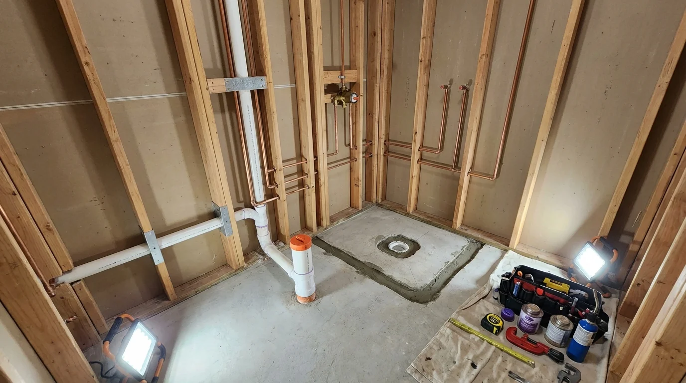 Bathroom rough-in plumbing during remodel by Johns Plumbing LLC in Lawrence