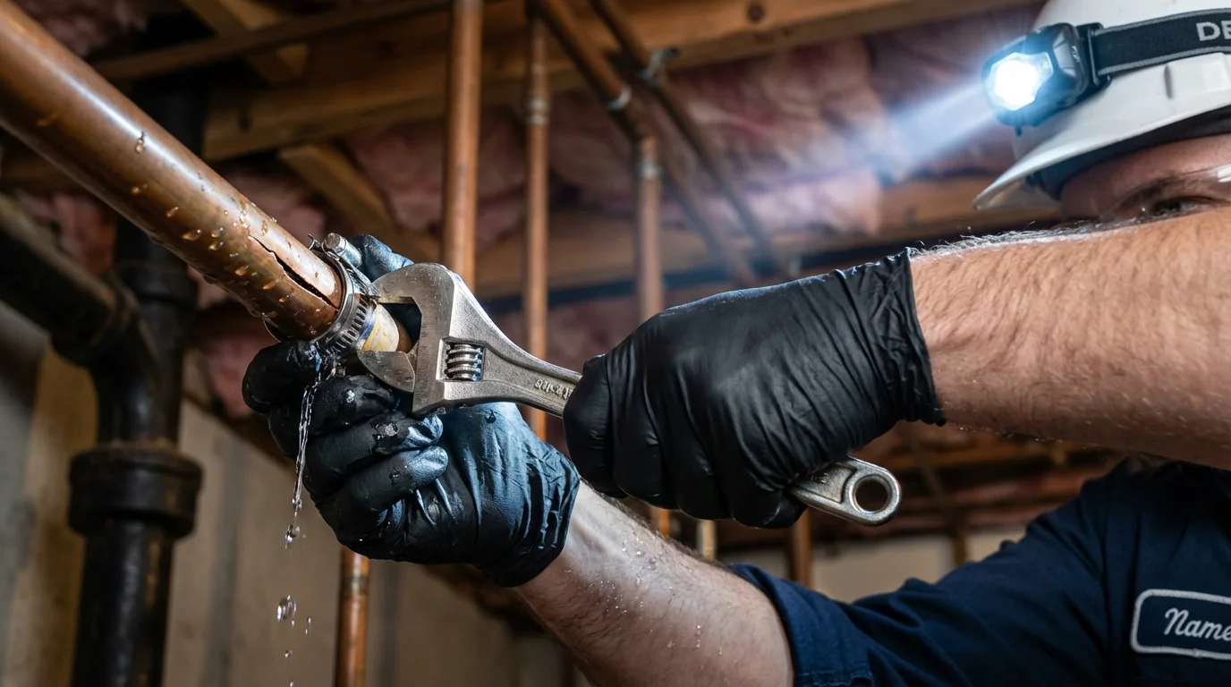 Emergency pipe clamp repair being performed by a Johns Plumbing LLC plumber in Lawrence