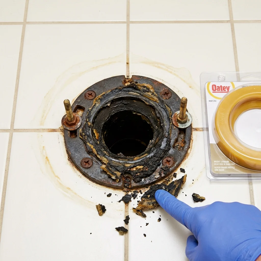 Failed wax ring showing water seepage at the base of a toilet in a Lawrence, NY home