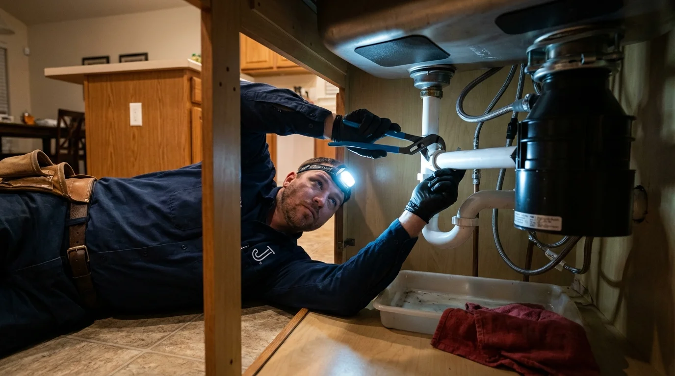 P-trap and supply line connections under a kitchen sink showing a common leak point in Lawrence, NY